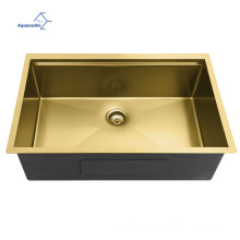 Aquacubic CUPC 33*19 Inch Matte Gold PVD Nano Handmade 304 Stainless Steel Undermount Kitchen Sink With Ledge